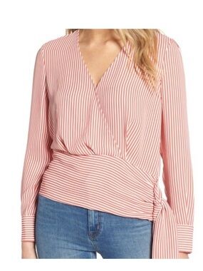 Chelsea28 Top Faux Wrap sz S long Sleeves Striped orange red White v-neck shirt